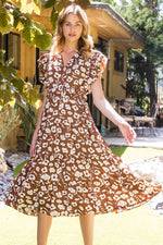 Load image into Gallery viewer, Smocked Floral Midi Dress in Brown Multi
