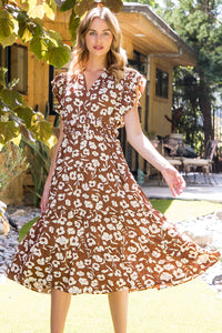 Smocked Floral Midi Dress in Brown Multi
