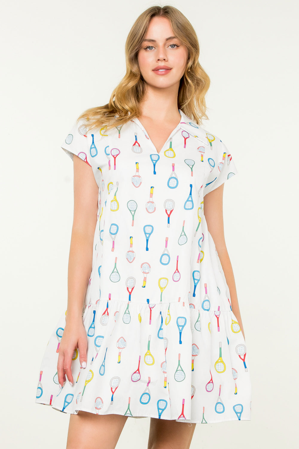 Racket Print Dress in White
