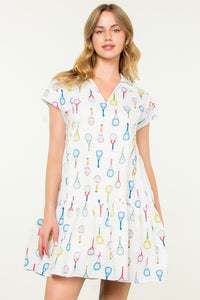 Racket Print Dress in White