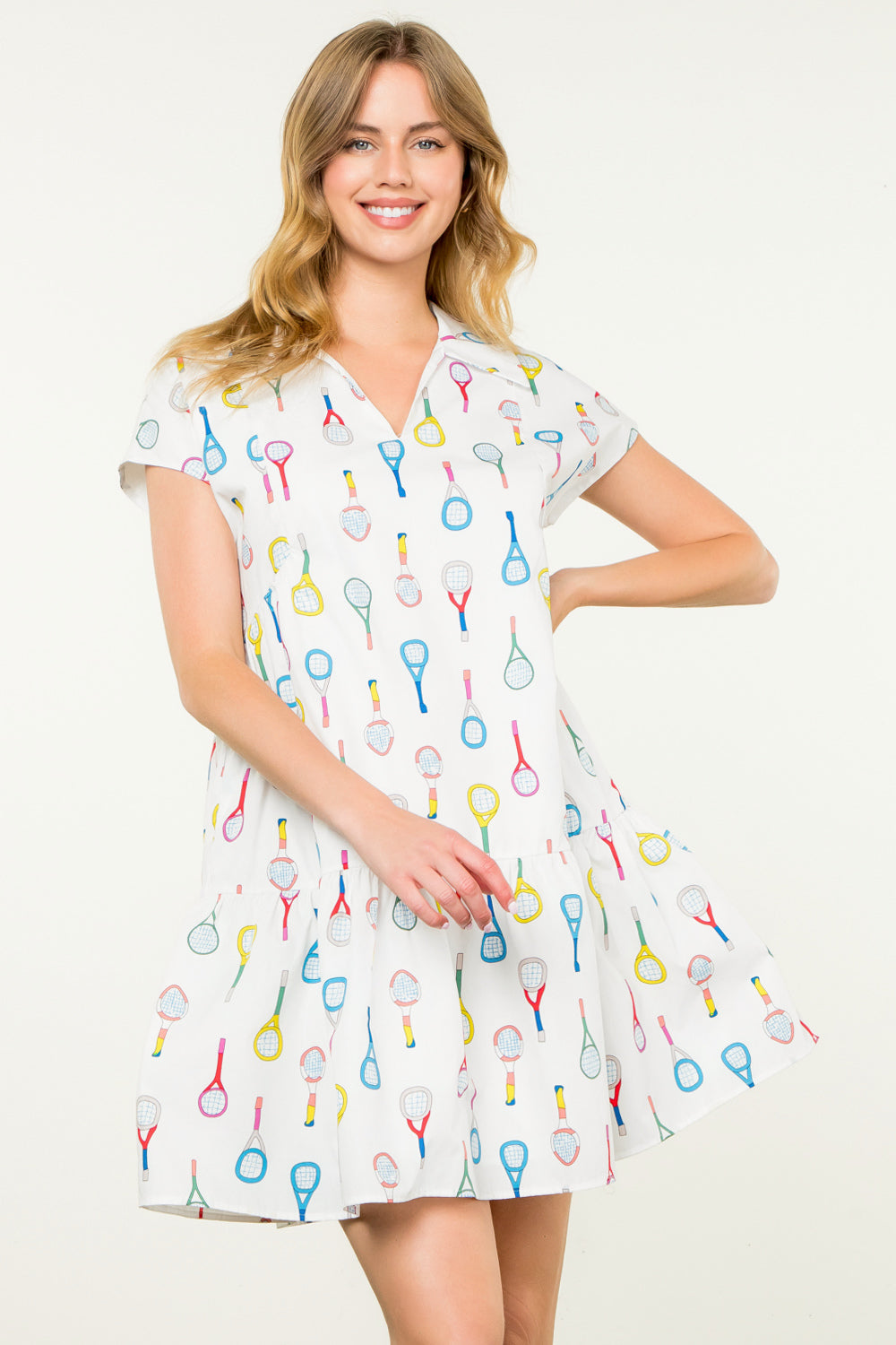 Racket Print Dress in White