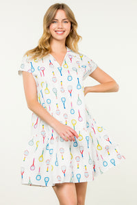 Racket Print Dress in White