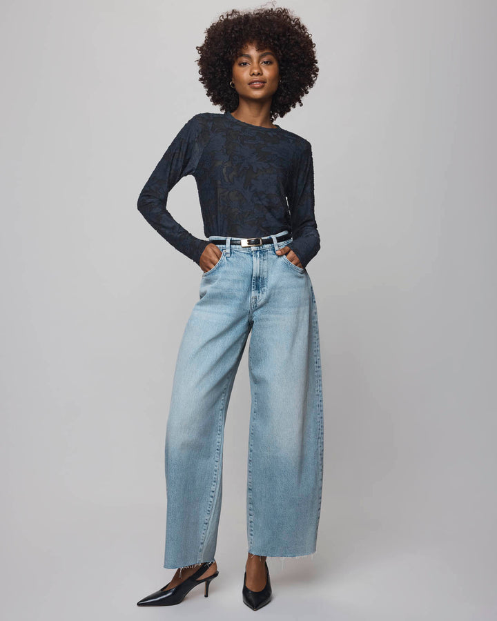 Cecelia Floral Long Sleeve Top in Ice Navy