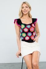 Load image into Gallery viewer, Flutter Sleeve Crochet Knit Top in Black Multi
