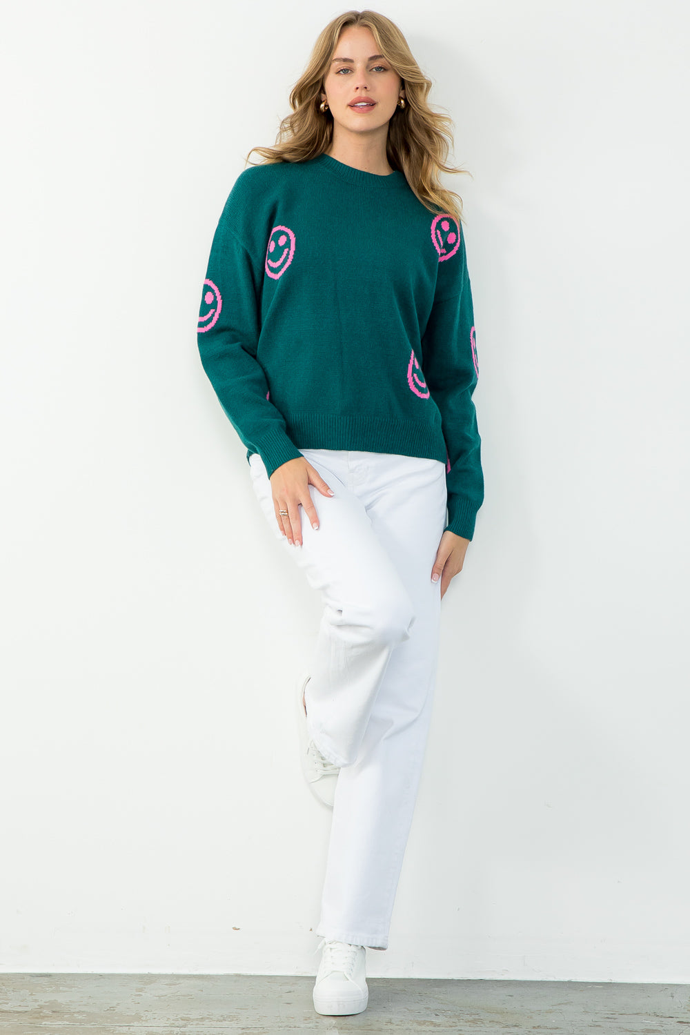 Smiley Face Rib Knit Sweater in Teal