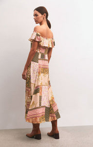 Veda Off Shoulder Midi Dress in Patchwork