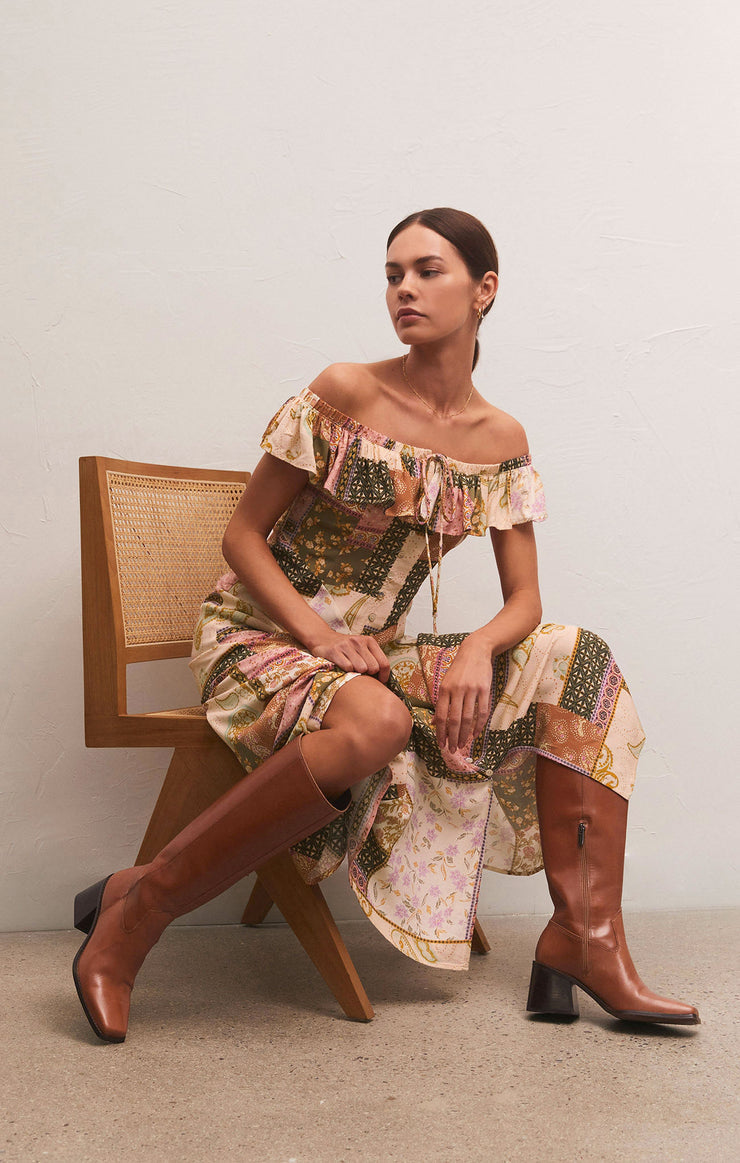 Veda Off Shoulder Midi Dress in Patchwork