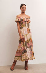 Load image into Gallery viewer, Veda Off Shoulder Midi Dress in Patchwork
