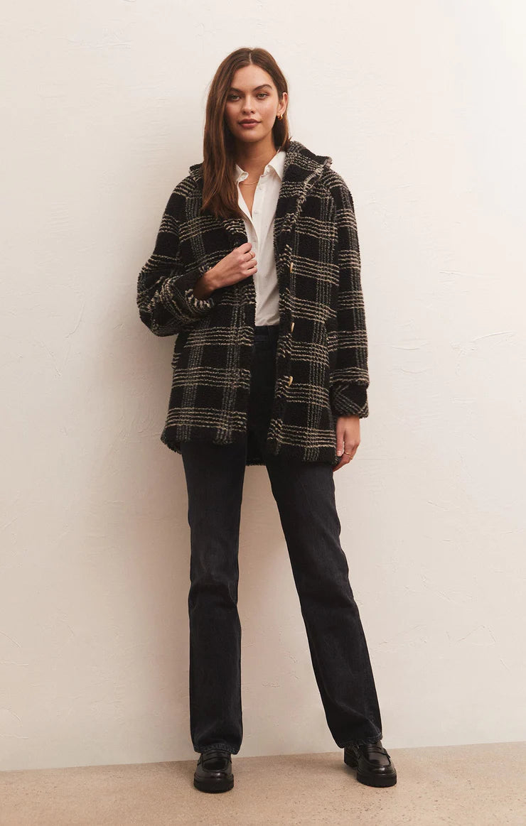 Hastings Sherpa Plaid Coat in Black