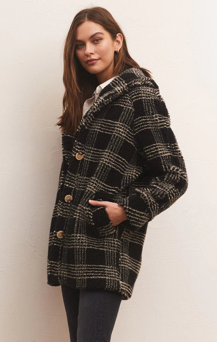 Hastings Sherpa Plaid Coat in Black