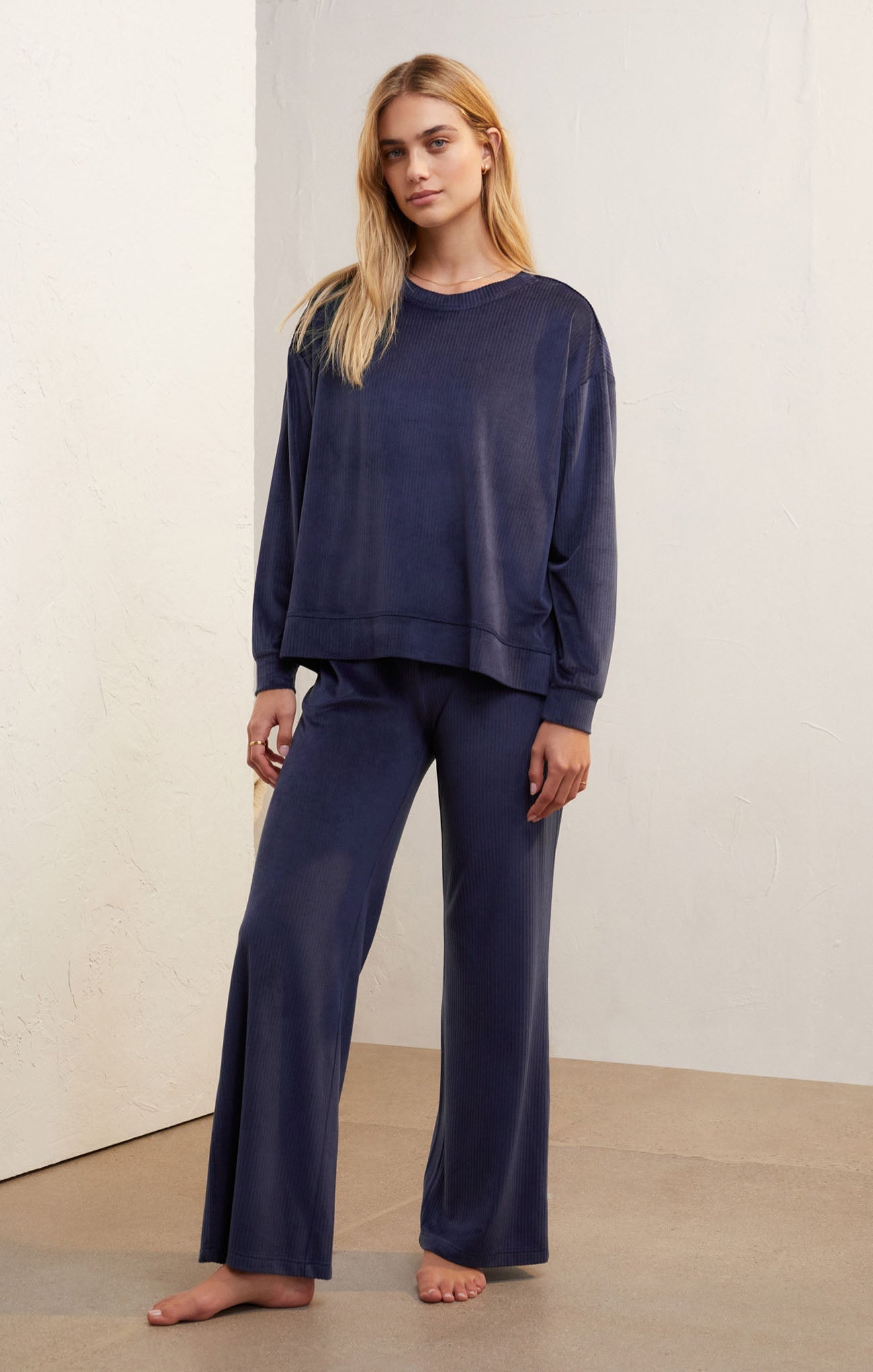Flare Up Velour Pant in Deep Blue