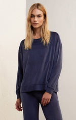 Load image into Gallery viewer, Night in Velour Long Sleeve Top in Deep Blue
