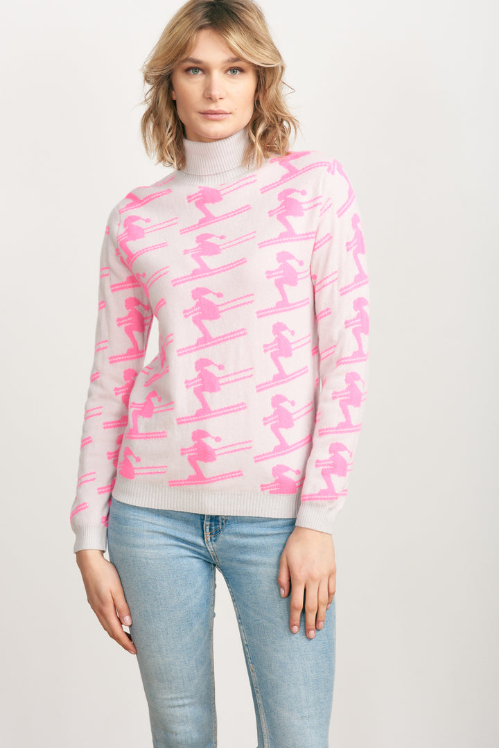 All Over Cashmere Ski Roll Neck in Fog and Neon Pink