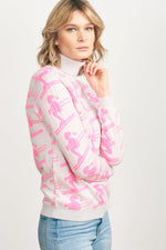 Load image into Gallery viewer, All Over Cashmere Ski Roll Neck in Fog and Neon Pink
