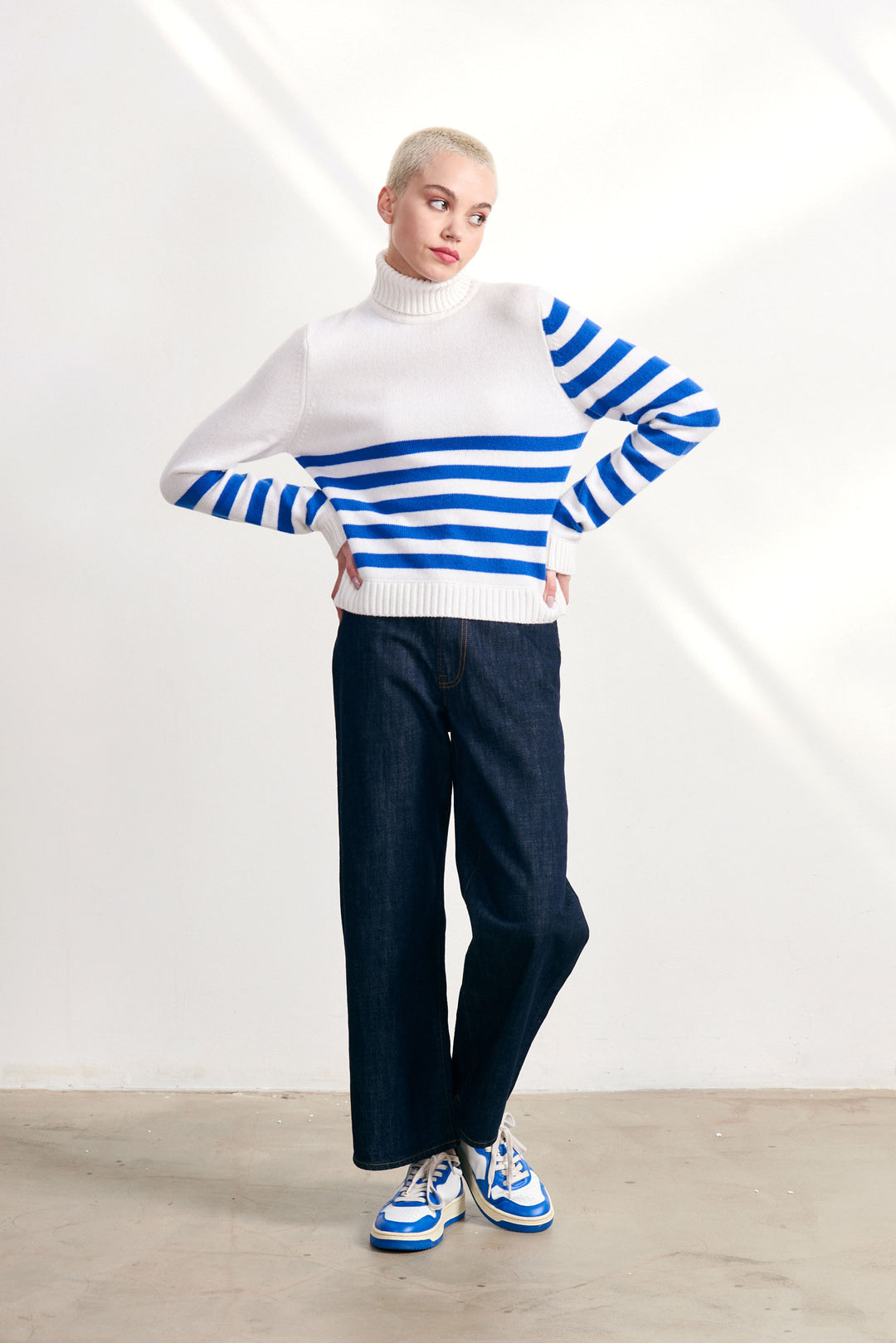 Invert Stripe Roll Collar Sweater in White Sky Diver