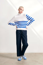 Load image into Gallery viewer, Invert Stripe Roll Collar Sweater in White Sky Diver
