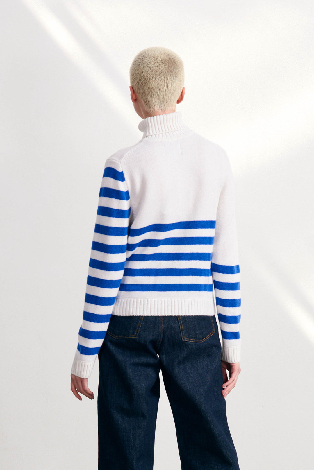 Invert Stripe Roll Collar Sweater in White Sky Diver