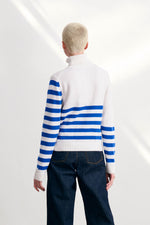 Load image into Gallery viewer, Invert Stripe Roll Collar Sweater in White Sky Diver
