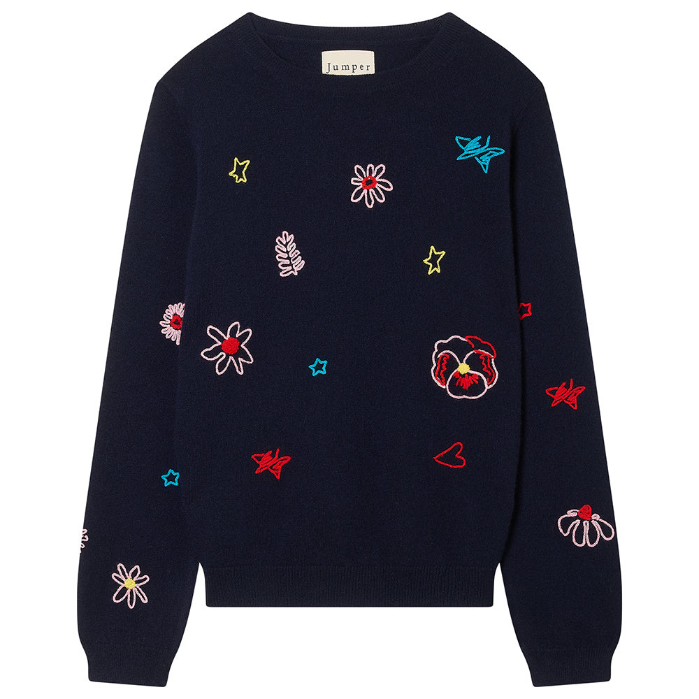 Cashmere Floral Tribute Crew in Navy