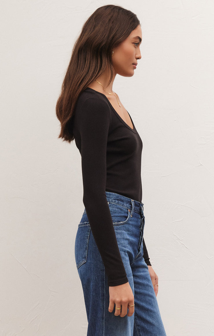 Lilah Long Sleeve Rib Bodysuit in Black