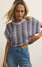 Load image into Gallery viewer, Ballast Crochet Stripe Sweater Top in Calypso Blue Indigo
