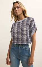 Load image into Gallery viewer, Ballast Crochet Stripe Sweater Top in Calypso Blue Indigo
