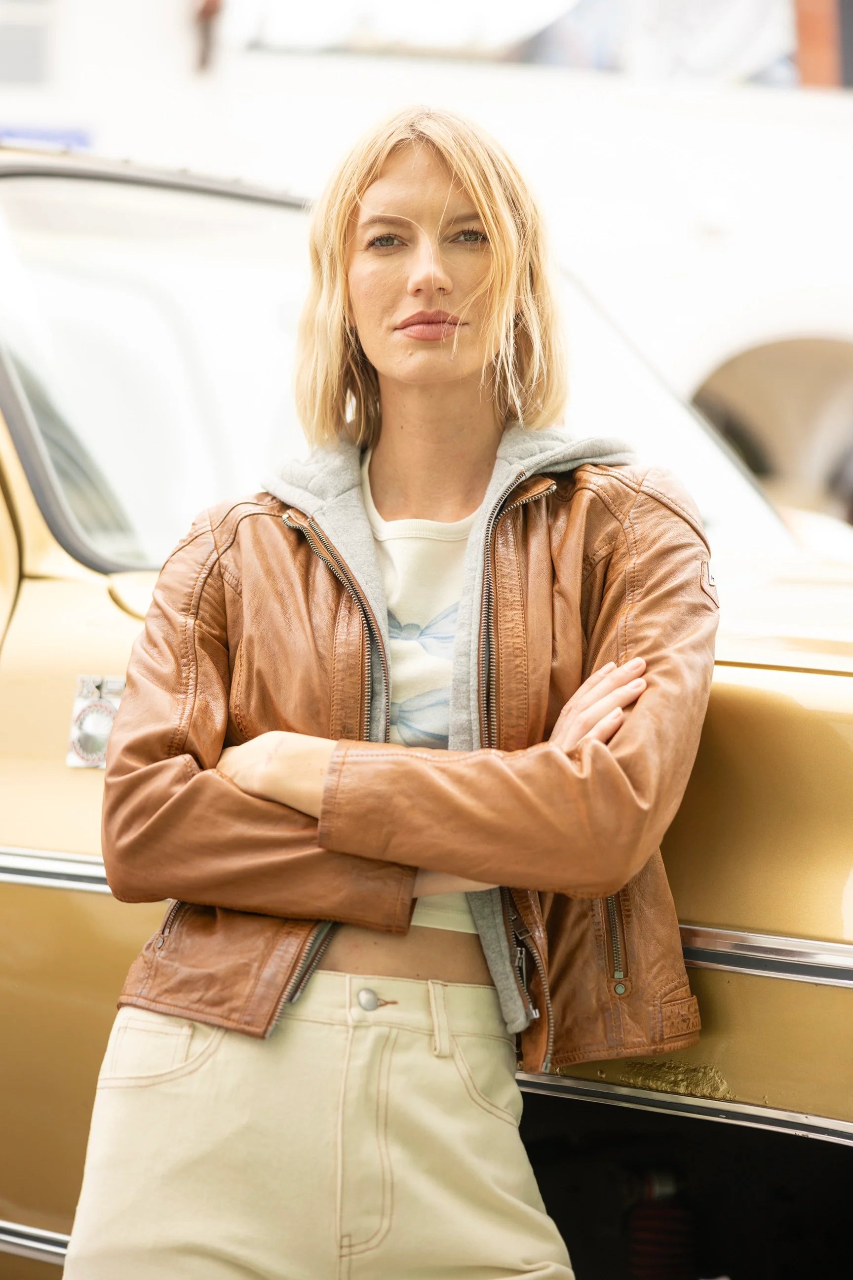 Allice Removable Hood Leather Jacket in Cognac