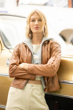 Load image into Gallery viewer, Allice Removable Hood Leather Jacket in Cognac
