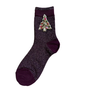 Tokyo Socks with Beaded Pins  - Burgundy w/ Kitch Tree