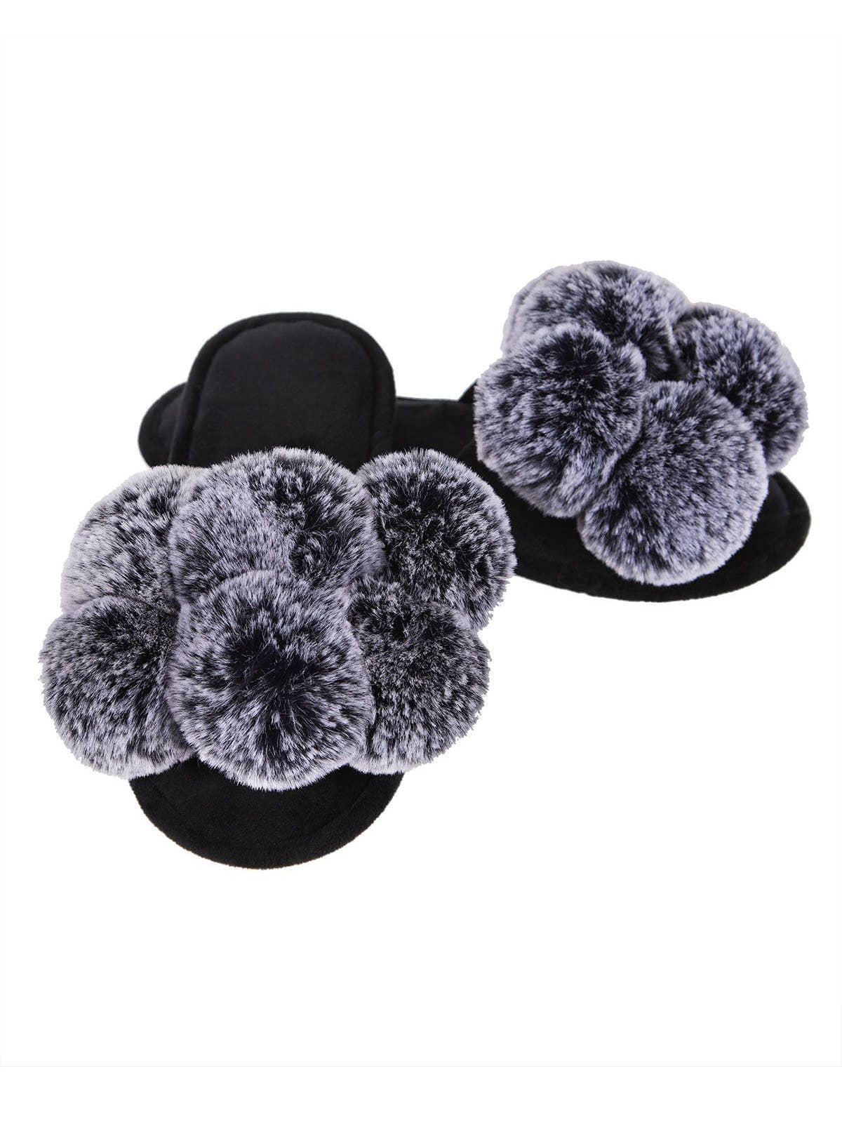 Luxe Pom Pom Open Toe Slippers in Black