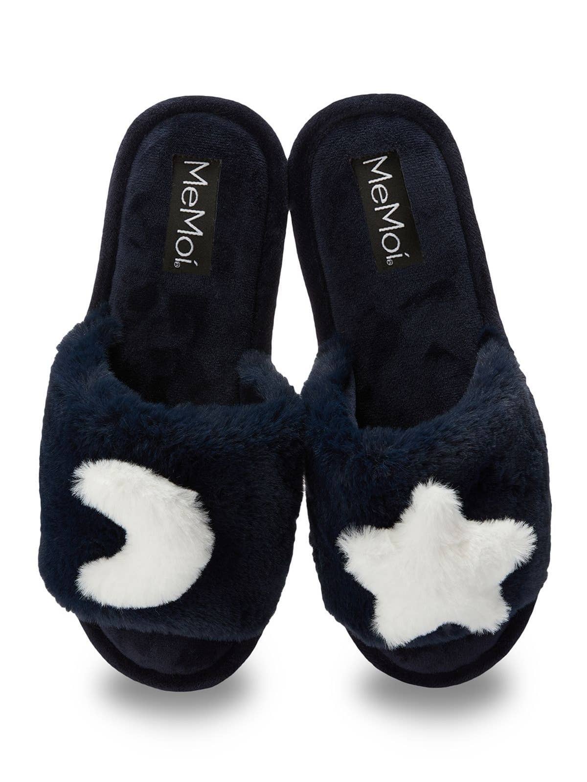 Star and Moon Plush Slippers in Midnight