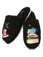 Load image into Gallery viewer, Book Club Plush Slippers in Black
