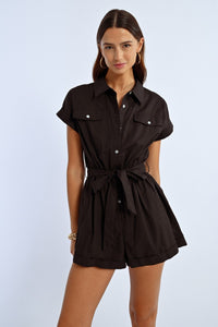 Short Sleeve Button Romper in Black