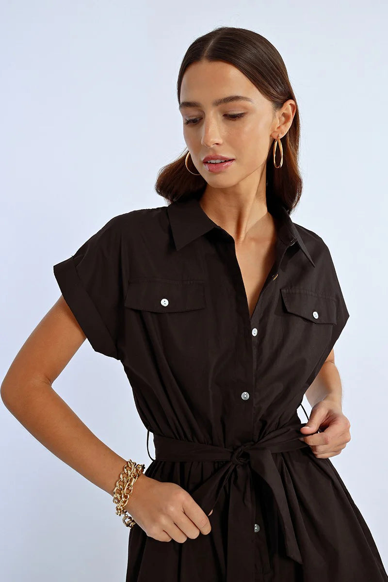 Short Sleeve Button Romper in Black