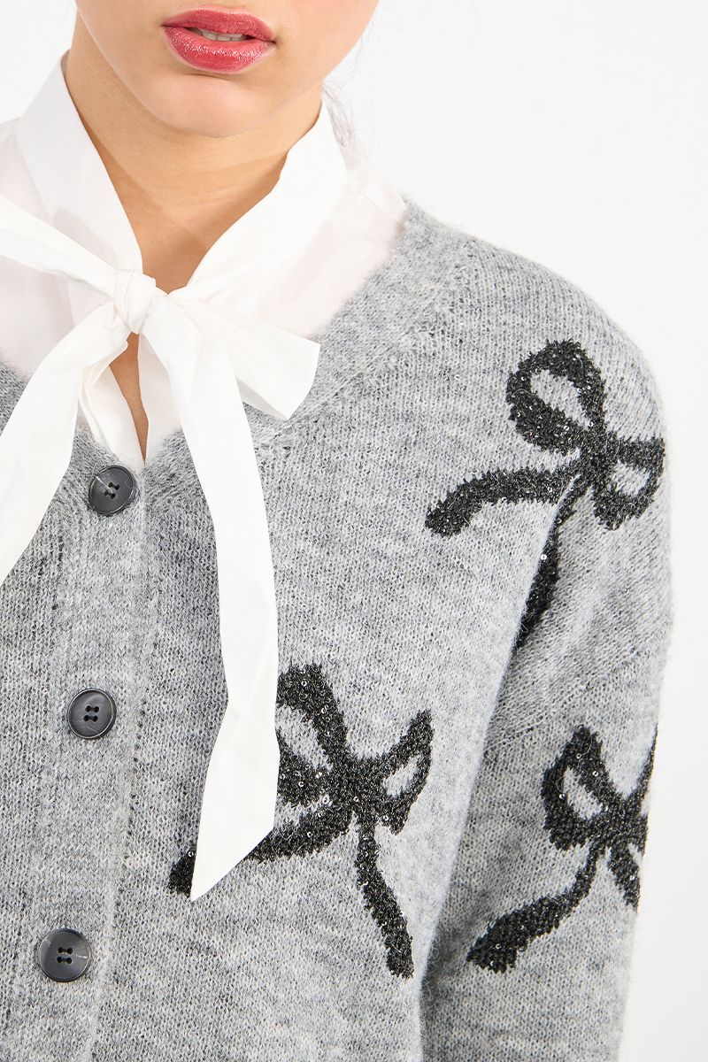 Sequin Bow Cardigan Sweater in Ash Dark Grey