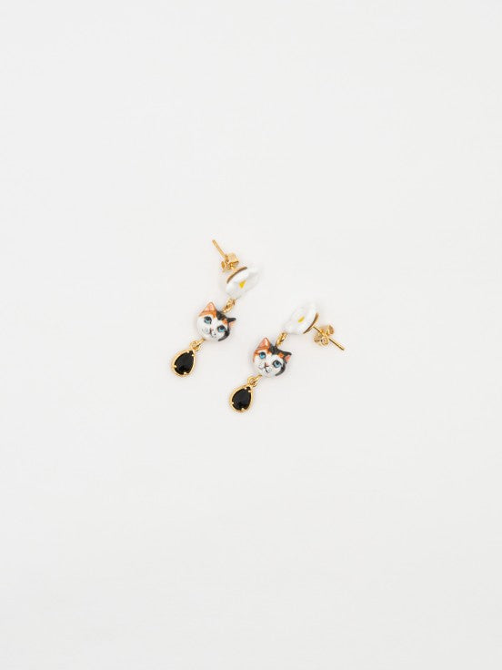 White, Brown and Black Cat & Flower Pendant Earrings