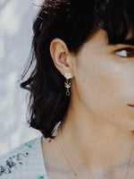 Load image into Gallery viewer, White, Brown and Black Cat &amp; Flower Pendant Earrings

