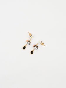White, Brown and Black Cat & Flower Pendant Earrings