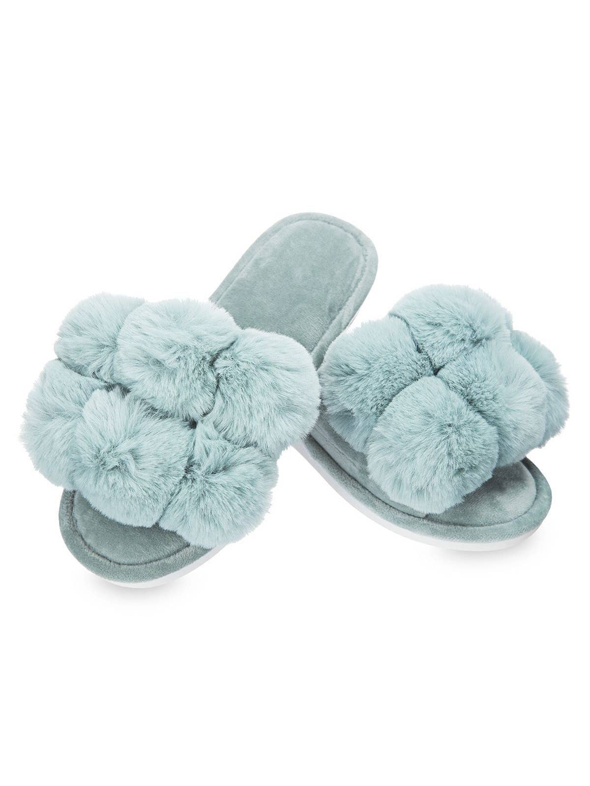 Luxe Pom Pom Open Toe Slippers in Sea Blue