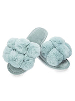 Load image into Gallery viewer, Luxe Pom Pom Open Toe Slippers in Sea Blue
