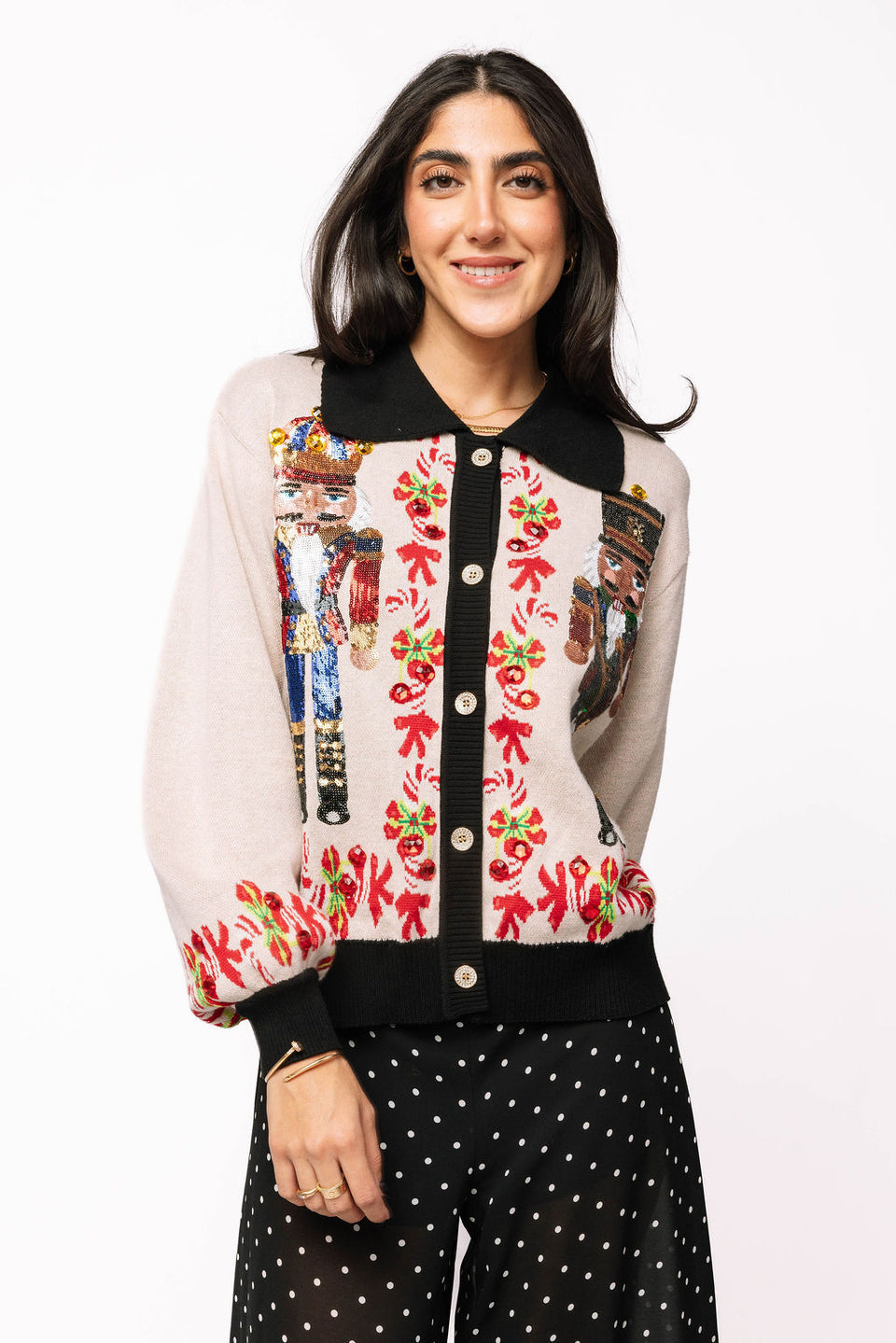 Trim Collar Nutcracker & Candy Cane Cardigan in Black