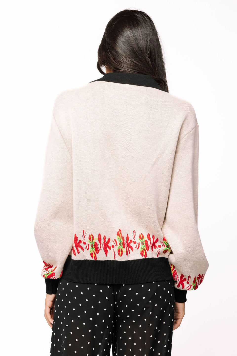Trim Collar Nutcracker & Candy Cane Cardigan in Black