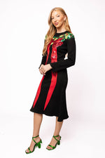 Load image into Gallery viewer, Sequin Wreath with Bow Knit Midi Dress in Black, Green and Red
