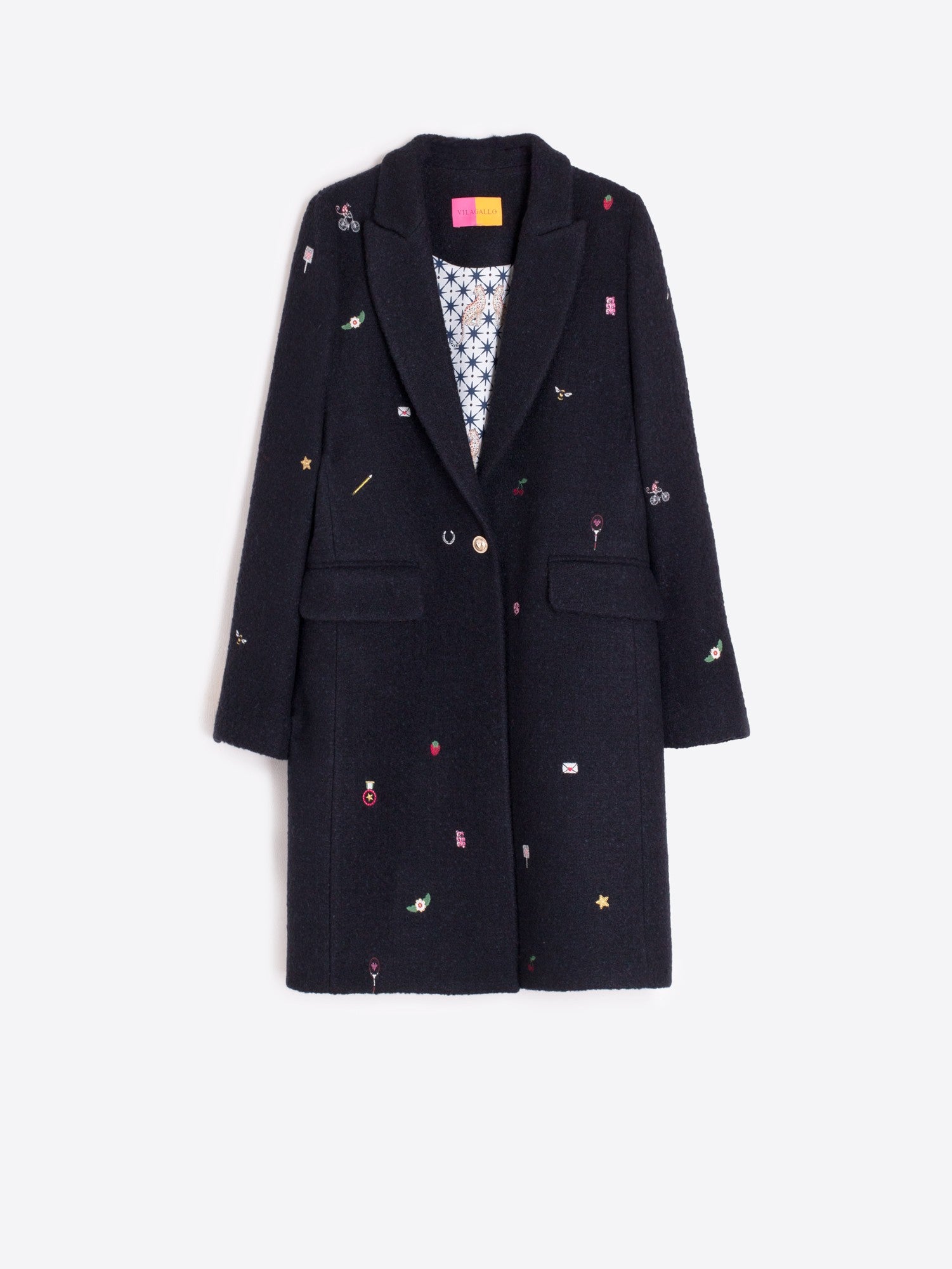 Aricia Mini Embroidery Wool Long Coat in Navy