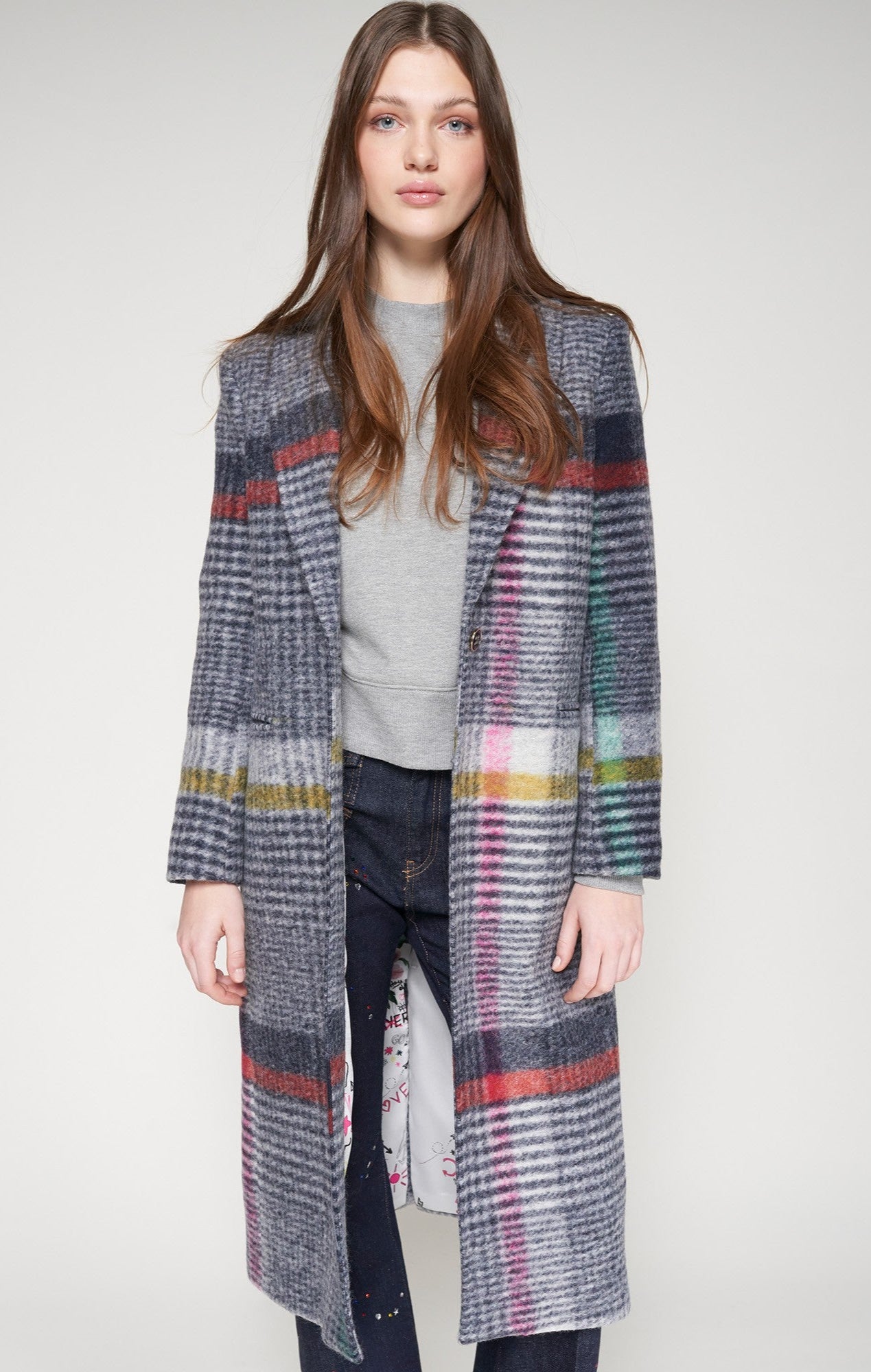 Katherine Checked Long Coat in Multicolor