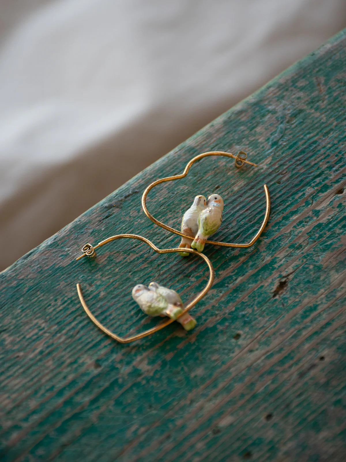 Pair of Parakeets on Heart Hoop Earrings