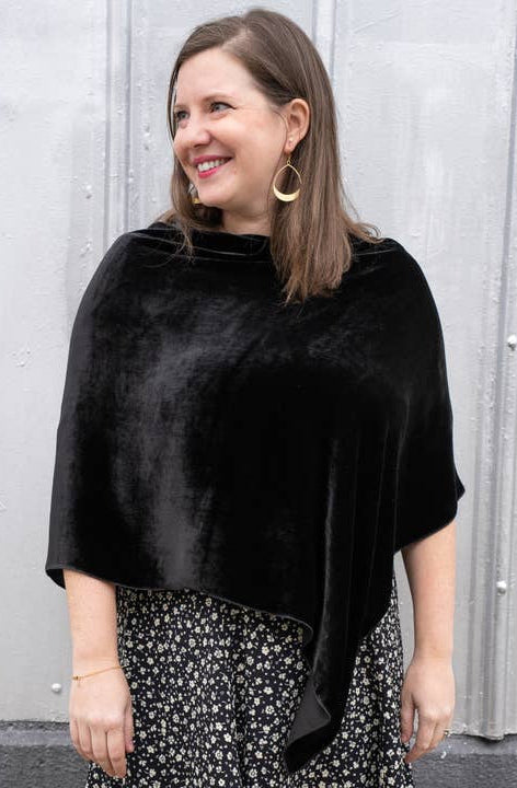 Silk Velvet Poncho Wrap in Black