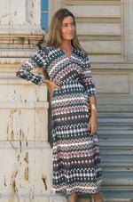 Load image into Gallery viewer, Amelia Midi Wrap Dress in Geometric Lurex
