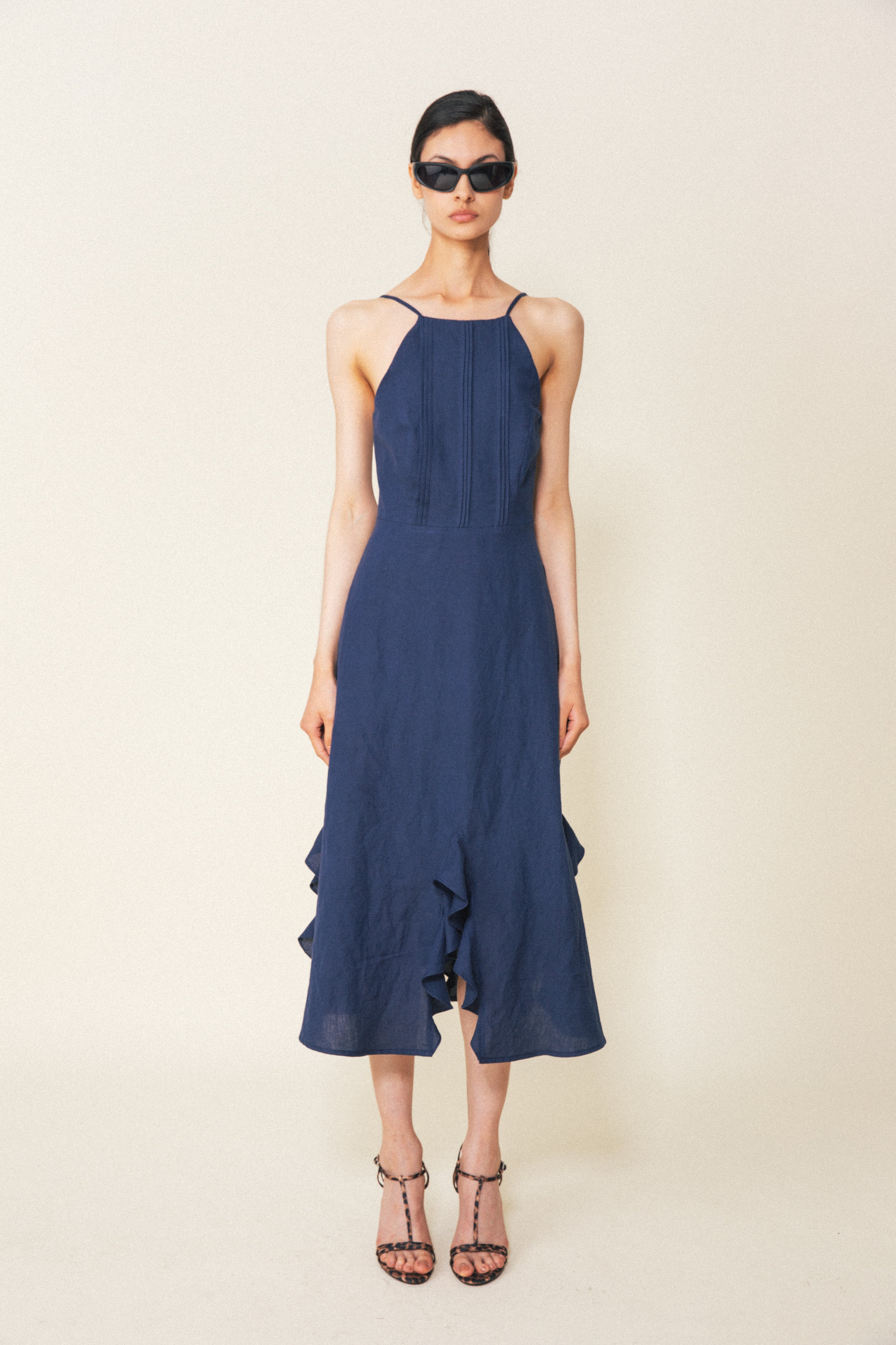 Calypso Halter Ruffle Hem Dress in Navy