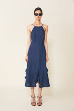 Load image into Gallery viewer, Calypso Halter Ruffle Hem Dress in Navy
